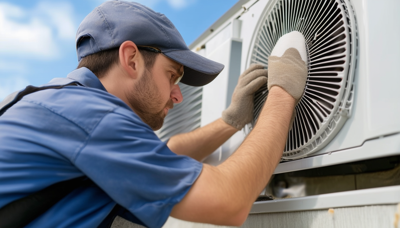 A professional technician repairing an air conditi